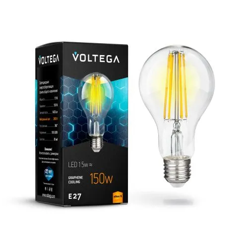 Лампа светодиодная филаментная Voltega E27 15W 2800К прозрачная VG10-A1E27warm15W-F 7104 