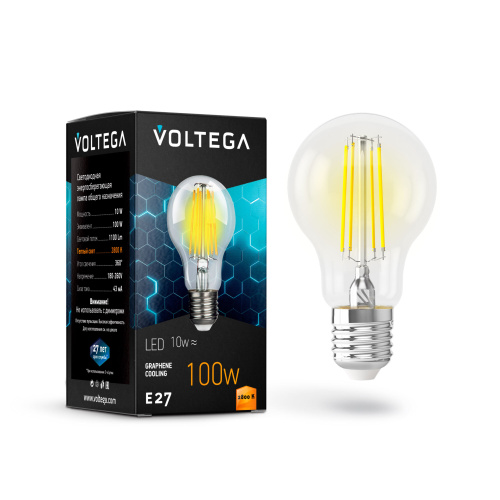 Лампа светодиодная филаментная Voltega E27 10W 2800К прозрачная VG10-А1E27warm10W-F 7102  фото 2