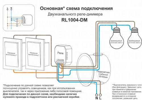 Wi-Fi реле-диммер двухканальное Denkirs 2x100Вт RL1004-DM  фото 3